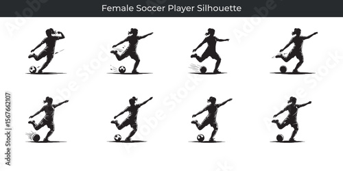 Dynamic black silhouette illustrations of female soccer players kicking the ball across the field