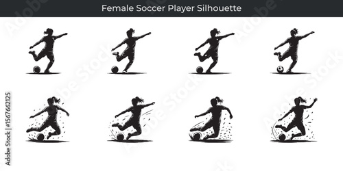 Black and white silhouette illustrations of active female soccer players kicking the ball in motion