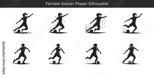 Dynamic black and white illustrations of a female soccer player kicking a ball in action