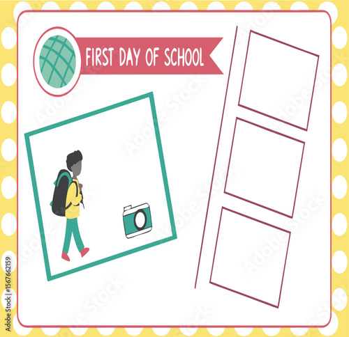 First day of school scrapbook page with a boy, camera, globe and empty picture frames