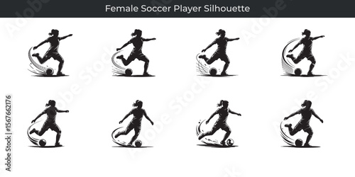 Collection of dynamic female soccer player silhouettes in action kicking the ball