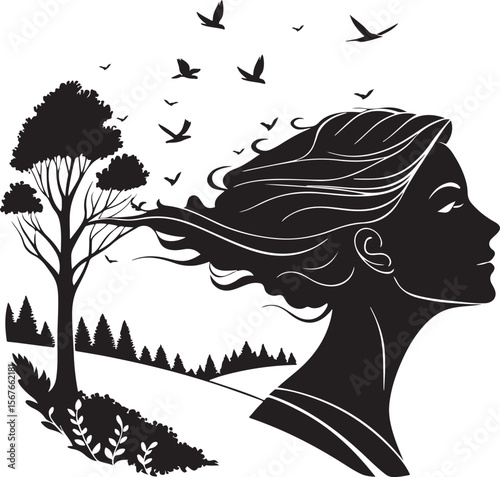 Silhouette of a woman's profile with flowing hair birds and a tree landscape.