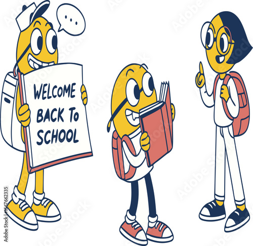 Cartoon students with backpacks and welcome back to school sign and a book on white background