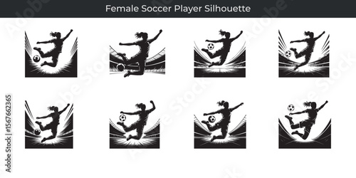 Dynamic black and white silhouette of a female soccer player kicking the ball