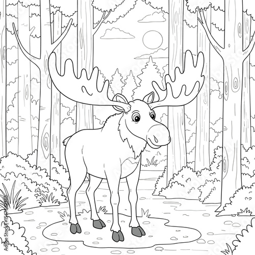 Cartoon moose with large antlers stands calmly in a forest with tall trees, bushes, and a sunny sky filled with clouds.