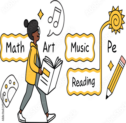 Illustration of a student with school subjects like math art music reading and physical education shown
