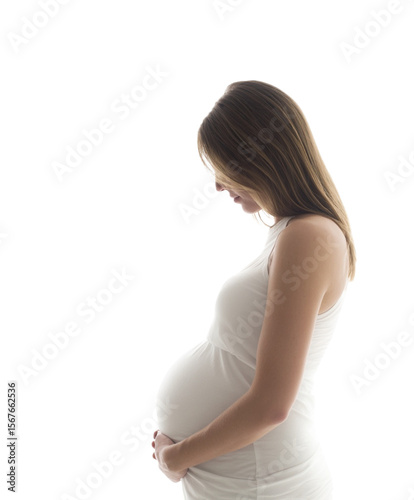 Pregnant woman in a white dress isolated on transparent or white background, png