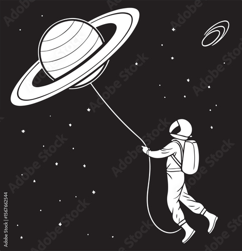 Astronaut floating in space holding planet on a rope black and white vector illustration