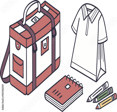 Illustration of a school bag, folded shirt, notepad, and pencils on a white background scene here