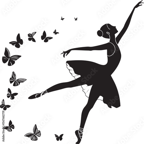 Elegant silhouette of ballerina dancing with butterflies a graceful monochrome design