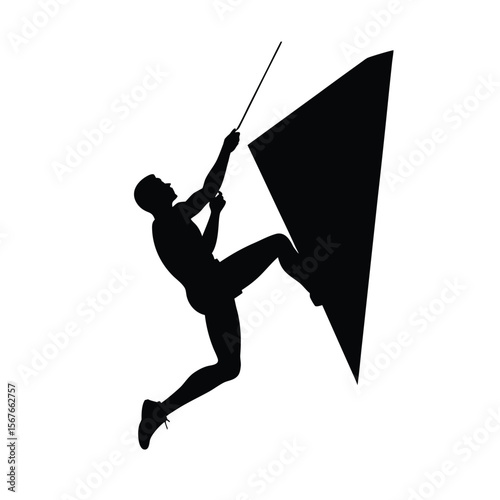 Black silhouette of a climber reaching for a rock climbing