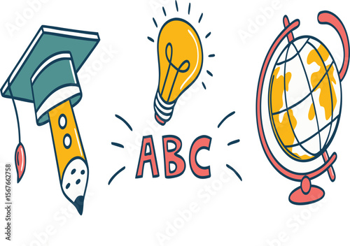 Illustration of education icons including graduation cap pencil lightbulb and globe design element