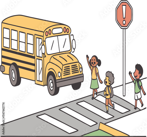 Illustration of a yellow school bus with children crossing at a crosswalk near a warning sign