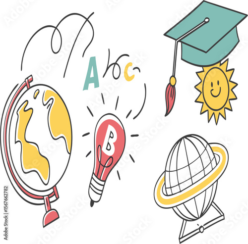 Illustration featuring globe, lightbulb, graduation cap, sun and letters for educational theme