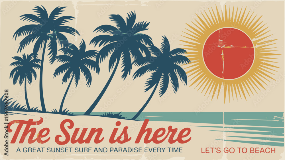 Obraz premium Tropical beach scene with navy palm trees and red sun