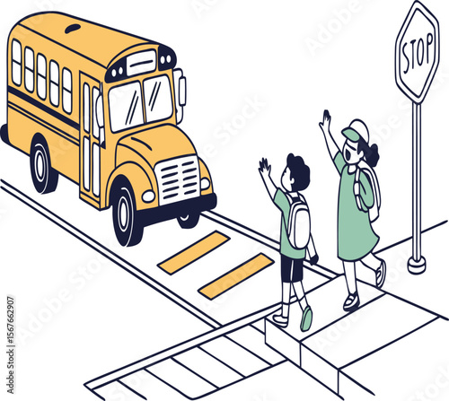 Children crossing the street at a crosswalk with a yellow school bus and a stop sign nearby visible