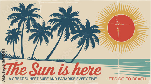 Tropical beach scene with navy palm trees and red sun