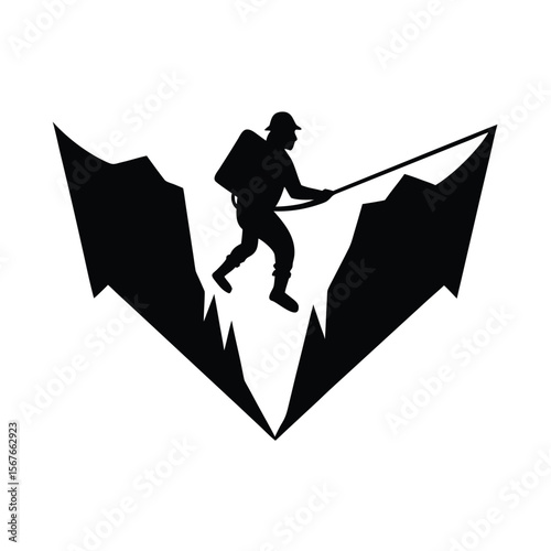 Black silhouette of a mountaineer crossing a rope between jagged peaks