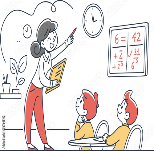 Teacher explaining math problems on the board to students in a classroom setting with a clock and plants