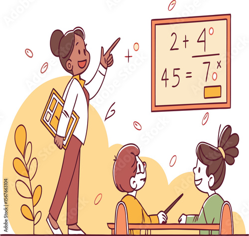 Teacher explaining math problem on board to students in classroom with plant decoration and warm colors