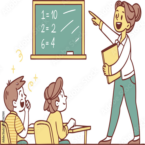 Teacher pointing at chalkboard with math problems while students look on in a classroom setting scene