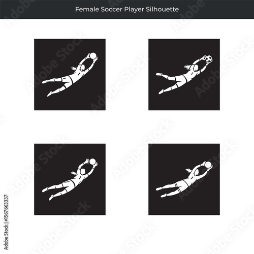 Female soccer player silhouette in action diving for the ball in dynamic vector illustration
