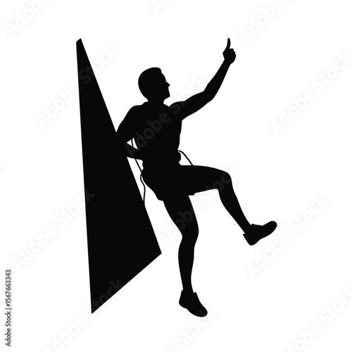 Black silhouette of climber giving thumbs up on white background