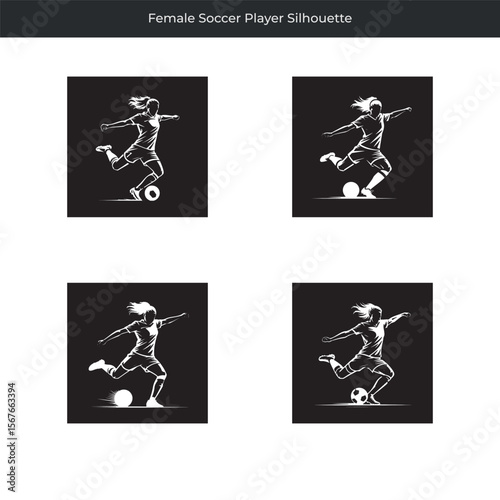 Elegant black and white illustrations of a dynamic female soccer player silhouette kicking the ball