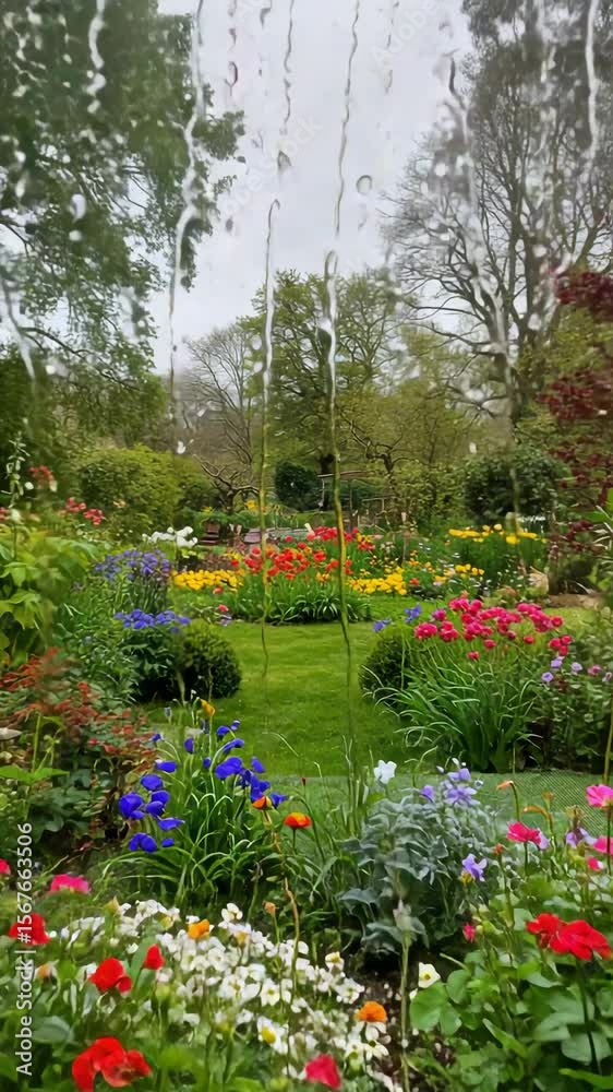 custom made wallpaper toronto digitalView of a vibrant cottage garden through a window with raindrops. Colorful flowers blooming on a rainy day in spring.