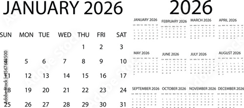 calendar for year  2026. simple minimal style calendar, week starting with sunday. printable vector illustration. 