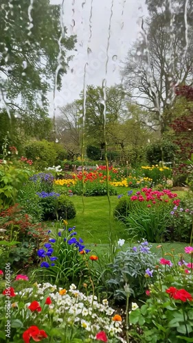 Wallpaper Mural View of a vibrant cottage garden through a window with raindrops. Colorful flowers blooming on a rainy day in spring. Torontodigital.ca