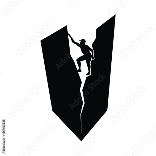 Black silhouette of climber in narrow rock crevice