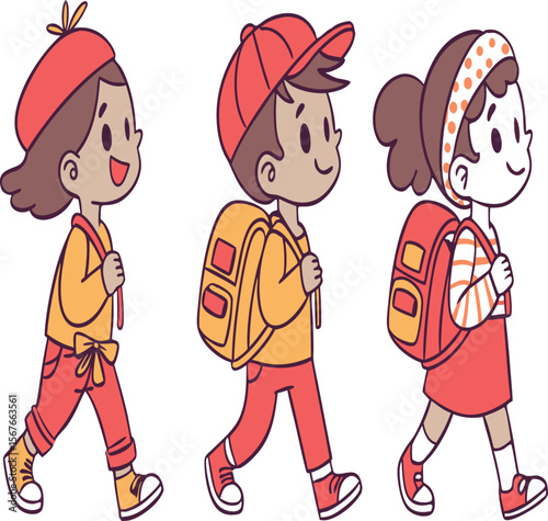 Illustration of three children walking with backpacks wearing casual clothes and smiling happily together