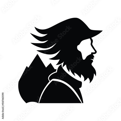 Black silhouette of bearded man with hat and mountains