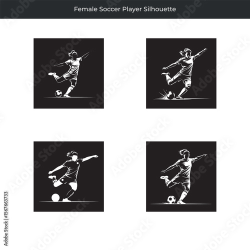 Dynamic silhouette illustrations of a female soccer player kicking a ball in different poses