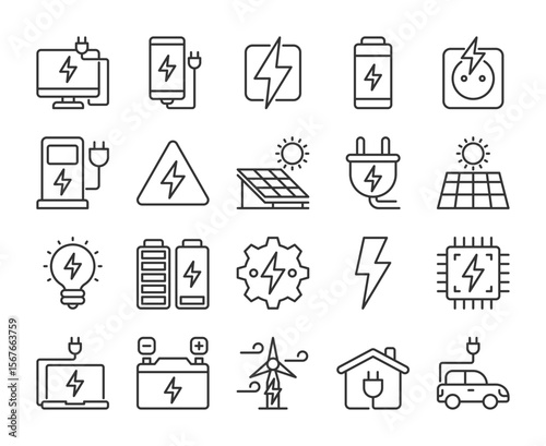 Electricity icons. Electricity and electronic equipment line icon set. Editable Stroke.