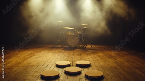 Drum Kit Setup on Stage with Smoke and Dramatic Lighting Effects
