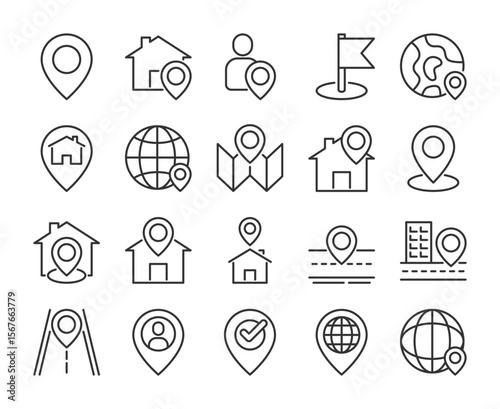 Location icons. Address and location line icon set. Editable Stroke.