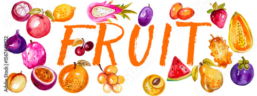 lots of ripe bright fruits painted in watercolor technique and the word fruit on a white background.eps