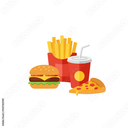 Fast Food Meal Icon Burger, Fries, Pizza, and Soda – Flat Design Illustration