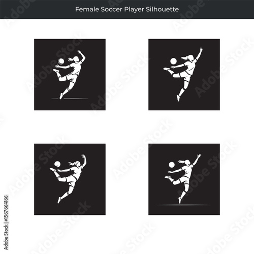 Dynamic silhouette of a female soccer player kicking the ball in action sport moments