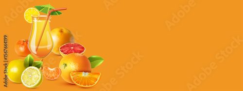 ripe bright citrus fruits lemon, orange, grapefruit, tangerine and freshly squeezed citrus vitamin juice in a glass on orange background.eps