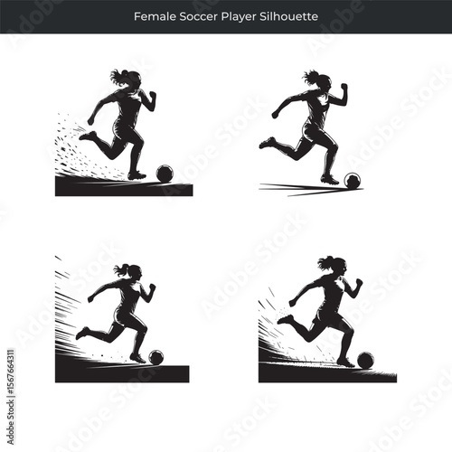 Dynamic silhouette of a female soccer player kicking the ball action illustration