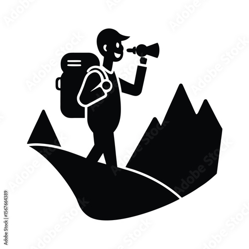 Black silhouette of happy backpacker with binoculars on mountain