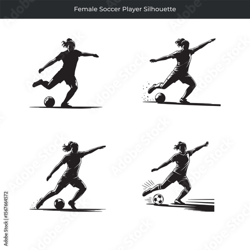 Dynamic silhouette of a female soccer player kicking the ball in action
