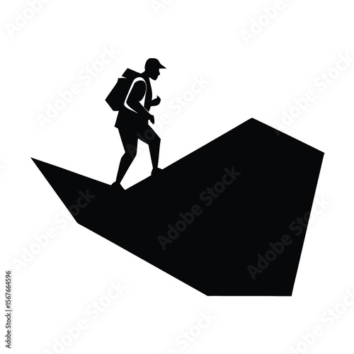 Black silhouette of hiker climbing steep mountain slope