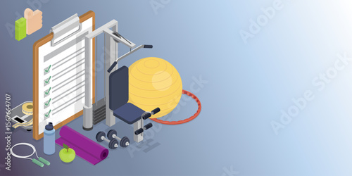 Web page concept for gym and fitness club. Composition with a strength training machine, dumbbells, checklist, skipping rope, hula hoop, water. Healthy lifestyle. 3d flat isometric vector illustration