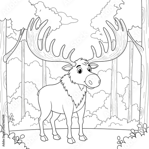 Cartoon moose with large antlers stands in a forest filled with trees, bushes, and clouds, appearing friendly and calm.