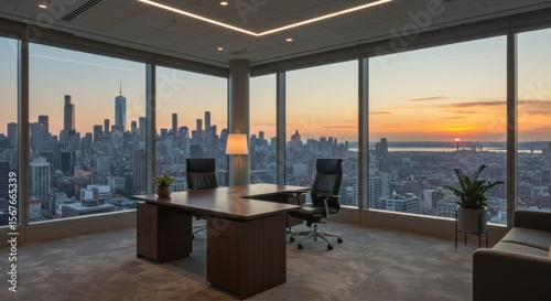Panoramic city view from a modern corner office, featuring a large desk, two executive chairs, and potted plants