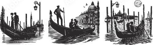Romantic Couple on Gondola in Venice Vector Illustration – Heavy Lined Artistic Style Bundle Featuring Love Scene in Italian Canal City – Hand Drawn Bold Line Ink Drawing Set